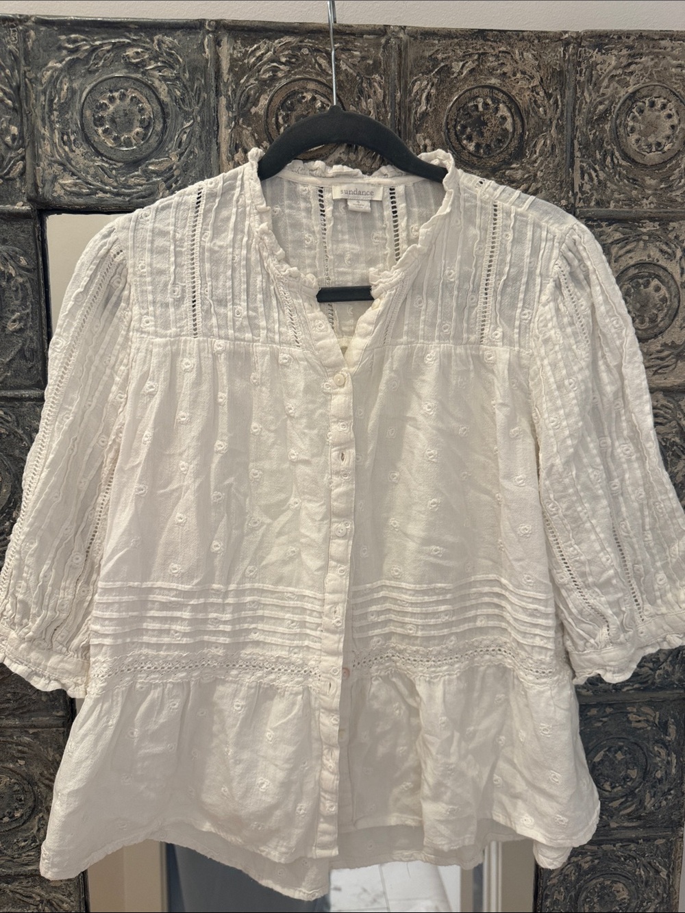 Sundance White Cotton Eyelet Button-Up Peasant Blouse